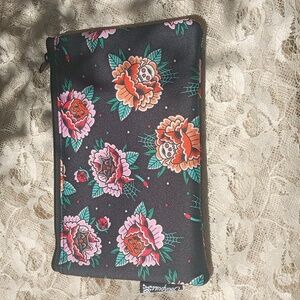 Sourpuss Peony Flower w black cat  , skull , pumpkin Makeup / Pencil  Zip Case